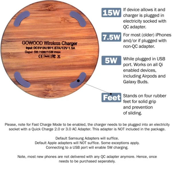 15W Fast Charge Bamboo Wood Wireless Charger Eco-Friendly & Ultra-Light for Qi-Enabled Devices