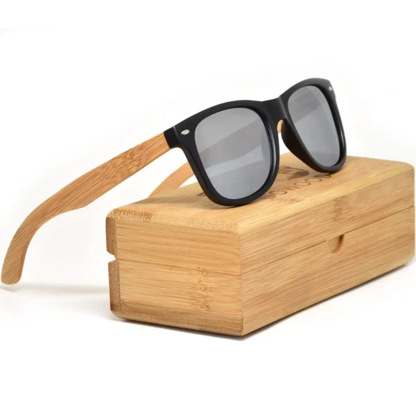 Eco-Friendly Bamboo Wood Classic Style Sunglasses with Silver Mirrored Polarized Lenses - UV400 Protection & Stylish Design