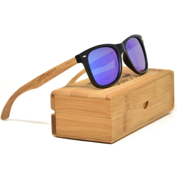 Eco-Friendly Bamboo Wood Classic Sunglasses with Blue Mirrored Polarized Lenses UV400 Protection for Men and Women