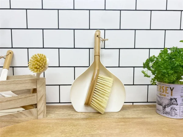Premium Cream Dustpan & Bamboo Wooden Brush with Synthetic Bristles | Eco-Friendly & Durable Cleaning Set