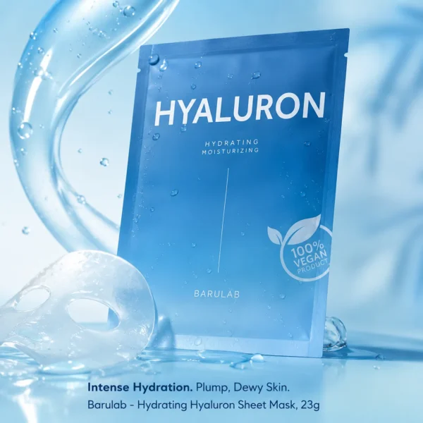 Barulab Hydrating Hyaluron Sheet Mask 23g product mockup with blue pouch, sheet mask and intense hydration message