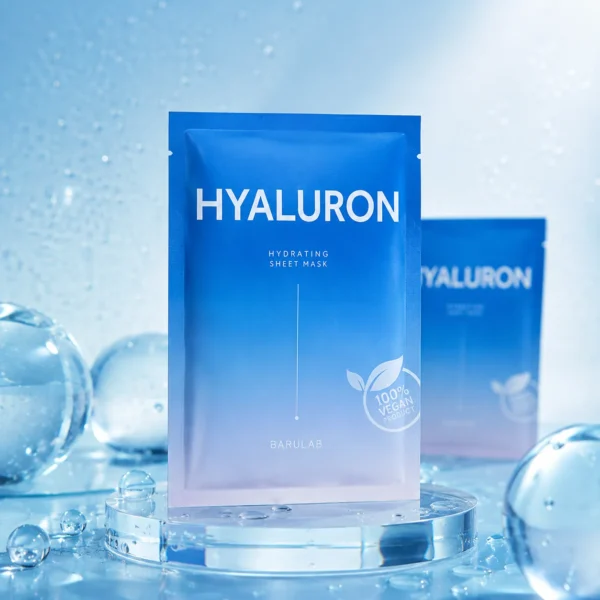Barulab Hydrating Hyaluron Sheet Mask 23g skincare display on a clear pedestal with water bubbles and blue hydration theme
