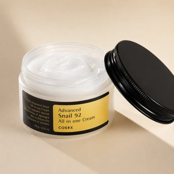 cosrx-advanced-snail-92-all-in-one-cream-100ml-real-product-minimal-shot COSRX Advanced Snail 92 All In One Cream 100ml real product open jar image with cream texture and moisturizing skincare look