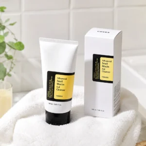 COSRX Advanced Snail Mucin Gel Cleanser 150ml real product cleanser display with authentic tube packaging and minimalist styling