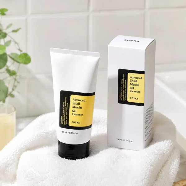 COSRX Advanced Snail Mucin Gel Cleanser 150ml real product cleanser display with authentic tube packaging and minimalist styling