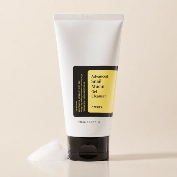 COSRX Advanced Snail Mucin Gel Cleanser 150ml real product foam shot with clean beauty skincare presentation