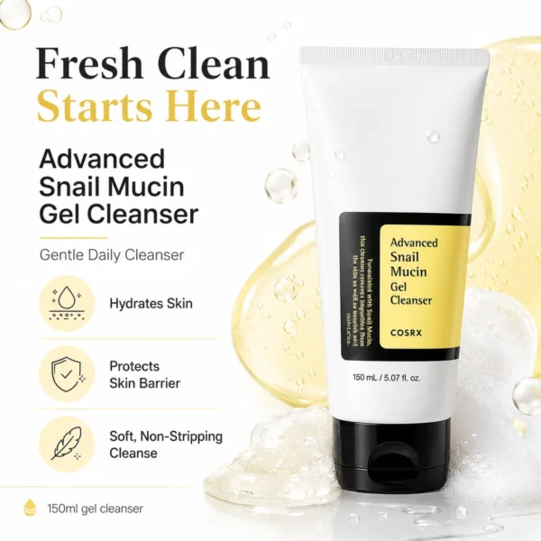 COSRX Advanced Snail Mucin Gel Cleanser 150ml gentle cleanser that hydrates protects and cleanses sensitive skin