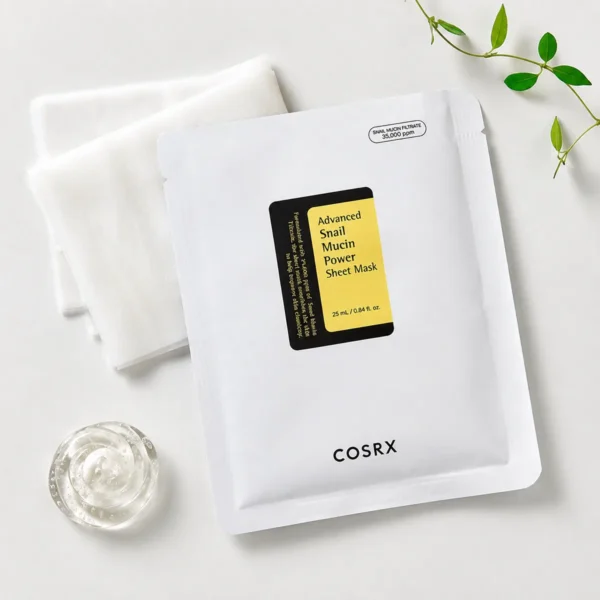cosrx-advanced-snail-mucin-power-sheet-mask-25ml-real-product-flat-lay COSRX Advanced Snail Mucin Power Sheet Mask 25ml real product flat lay skincare composition with clean beauty styling