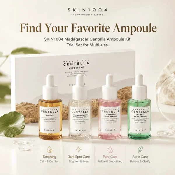 SKIN1004 Madagascar Centella Ampoule Kit 30ml x 4 trial set with Centella Tone Brightening Poremizing and Tea-Trica ampoules