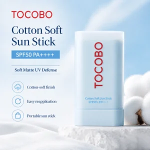 TOCOBO Cotton Soft Sun Stick SPF50 PA++++ 19g portable sunscreen stick with cotton soft finish and daily UV protection